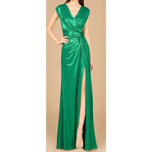 Lara New York 29124 Long Evening Dress Fitted Metallic Green w/Slit Size 18 NWT